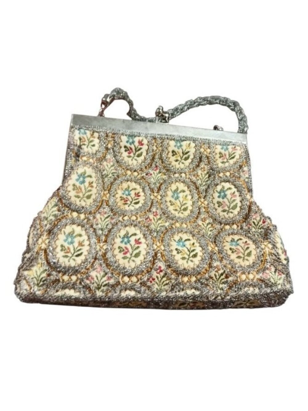 Vintage WALBORG Beaded Embroidered Floral Evening Purse Silver 1950s 60s